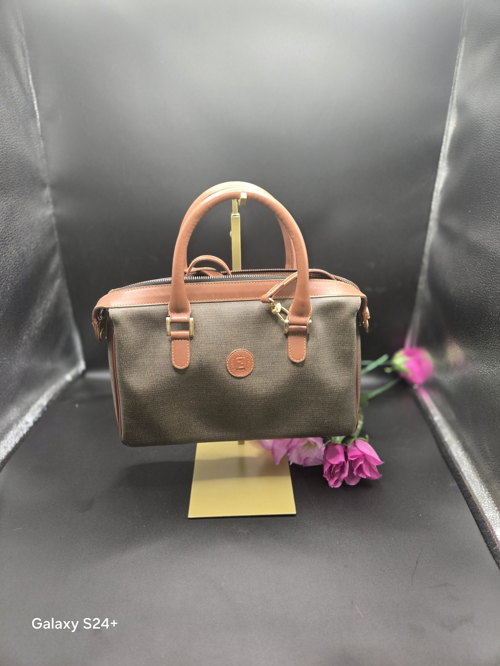 Authentic Vintage Fendi Pequin Boston Satchel Crossbody Bag Brown Leather